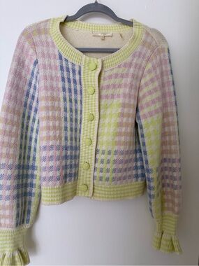 LoveShackFancy Plaid Print Cardigan Sweater XS Pastel Wool Blend Button Front